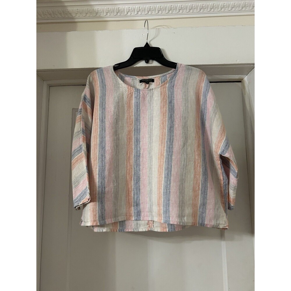 For Cynthia Linen Top Petite Medium Pastel Striped Relaxed Oversized Lagenlook